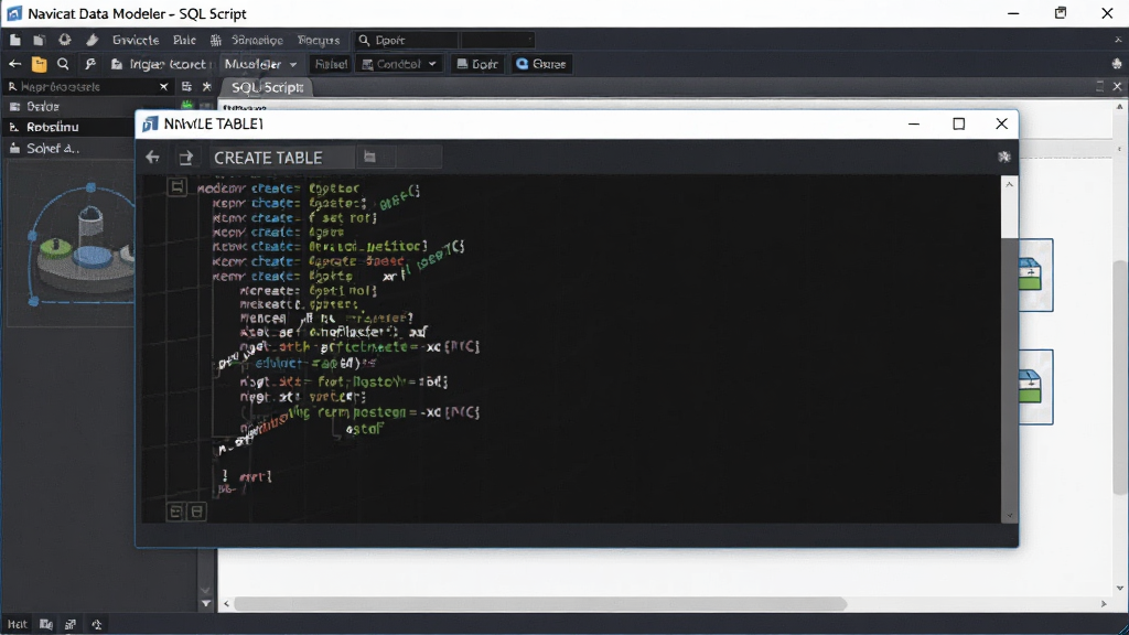 展示Navicat Data Modeler生成SQL脚本的界面,模型上方弹出代码窗口,显示CREATE TABLE语句,背景是模型画布,界面整洁,风格专业,画质清晰。