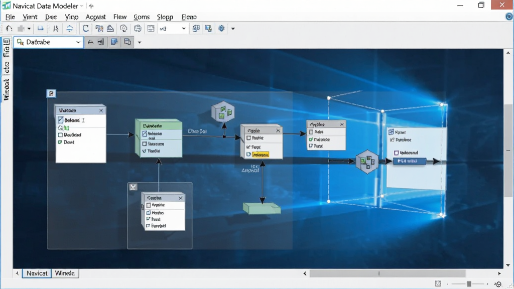 展示Navicat Data Modeler在Windows电脑上运行时的界面,画布上有一个完整的数据库模型,整体环境整洁,屏幕清晰,画质干净。