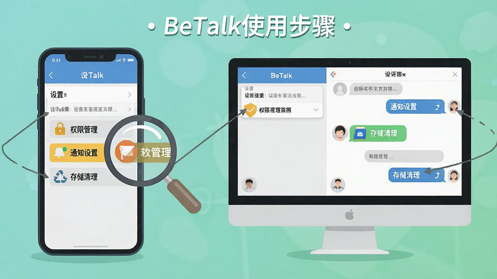 一张展示BeTalk使用步骤的教程图,主体为手机屏幕和电脑屏幕并排,屏幕上显示设置界面和聊天界面,重点标出“权限管理”、“通知设置”、“存储清理”等选项,布局对称,排版清晰,风格为扁平化插画,细节上有一个放大镜图标指向设置菜单,画质高清,干净,无多余元素