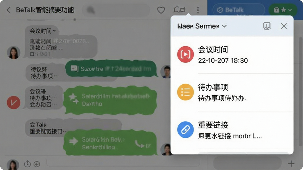 一张展示BeTalk智能摘要功能的界面截图,主体为聊天窗口右侧弹出的摘要面板,面板上以列表形式列出“会议时间”、“待办事项”、“重要链接”等内容,每个条目前有彩色图标,布局为左聊天右摘要的二分结构,排版整齐,风格扁平化,细节上摘要文字清晰可读,画质高清,干净,无多余元素