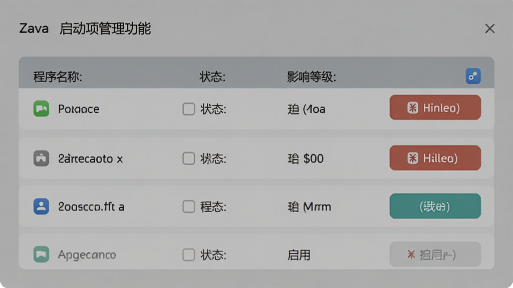 Zava启动项管理功能界面,展示启动项列表,包含程序名称、状态、影响等级,右侧有禁用/启用按钮,界面采用卡片式设计,风格简约,画质干净,无多余元素