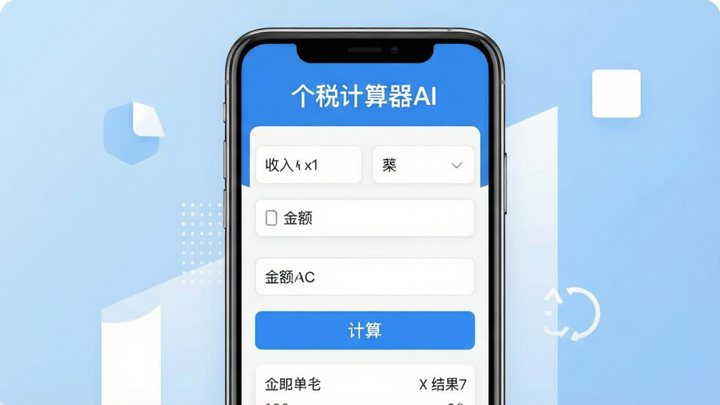 主视觉展示个税计算器AI的界面截图,主体是手机屏幕中清晰的个税计算页面,布局简洁明了,上方显示“个税计算器AI”字样,中间是收入类型选择与金额输入框,下方是醒目的“计算”按钮与结果展示区域,背景采用浅蓝色渐变与白色几何图形点缀,风格现代扁平化,细节丰富,画质高清,干净无多余元素。