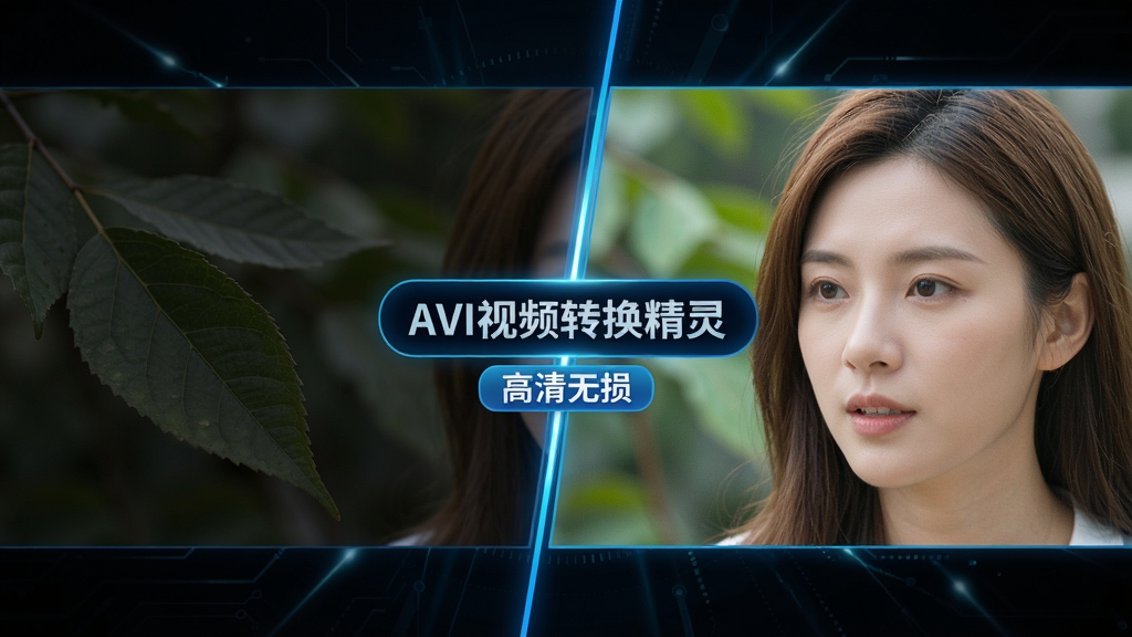 画面主体为左右对比视图,左侧是未经转换的原始视频截图,色彩略显暗淡,右侧是使用“AVI视频转换精灵”转换后的4K超高清画面,色彩鲜艳通透,细节丰富。布局采用对称式设计,中间用一条发光的蓝色分割线隔开,线上有“AVI视频转换精灵”字样和“高清无损”的标签。风格为写实数码摄影风格,背景为深色科技感光效,细节上突出树叶纹理、人物发丝等细微处,画质极致清晰干净,无多余元素。