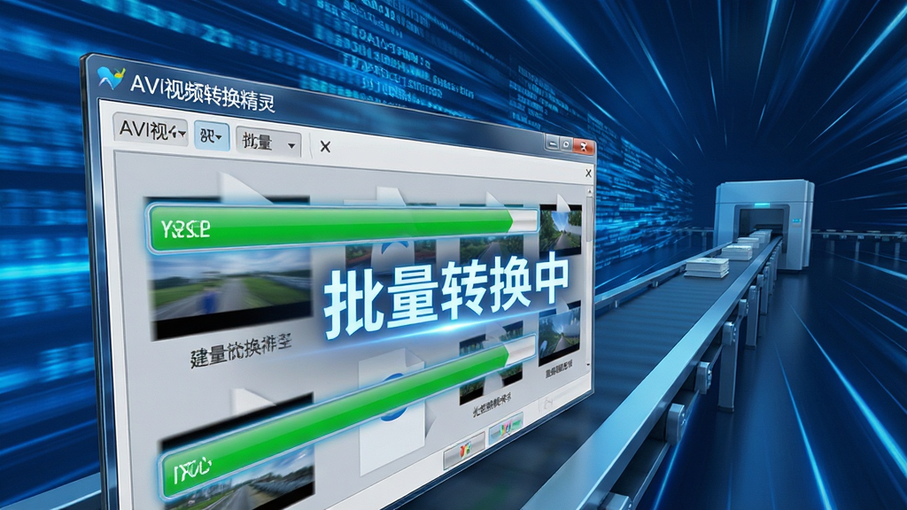 图像主体是一个高速运转的数字流水线场景,前景是“AVI视频转换精灵”的软件操作窗口,窗口中显示多个视频文件正在被快速处理,进度条全满,并伴有“批量转换中”的发光文字。背景是抽象的蓝色数据流和速度线,营造出高效迅捷的氛围。布局采用透视构图,强调速度感和深度。风格为动态HDR效果,光影对比强烈,细节上数字和光效清晰可见,画质干净利落,无多余元素。