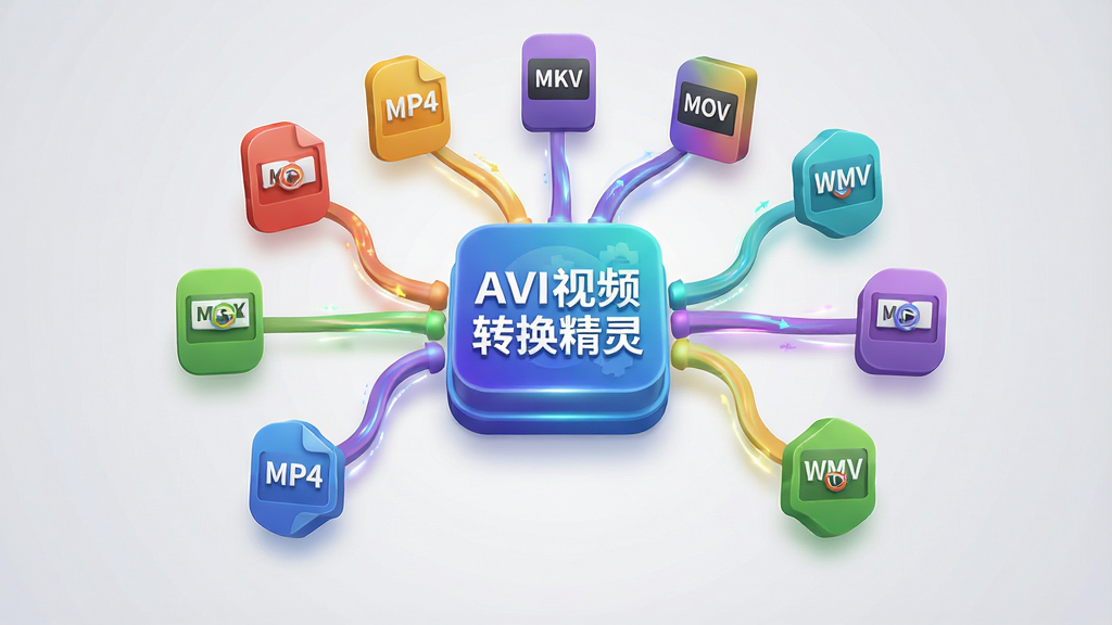 图像主体是一幅动态的格式转换示意图,中心是一个醒目的“AVI视频转换精灵”图标,图标周围环绕着MP4、MKV、MOV、WMV等多种视频格式的彩色小图标,它们通过流畅的线条汇聚到中心图标上,寓意多格式输入与输出。画面布局采用放射状结构,中心突出,四周均衡。风格为3D渲染结合UI设计,色彩丰富且过渡自然,背景为干净的浅灰渐变,细节上强调转换过程的流畅与高效,画质细腻富有科技感,无多余元素。