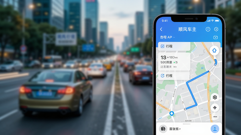 主视觉展示顺风车主行程APP在手机屏幕上运行,界面清晰展示行程列表和地图路线,背景是模糊的城市道路和车辆,整体风格现代简约,色彩明快,突出软件核心功能,画质干净无多余元素