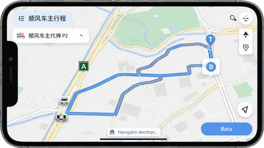 显示顺风车主行程的导航规划页面,地图上画出从A到B的优化路线,周围有道路标识和车辆图标,界面简洁,信息清晰,风格写实,画质细腻干净