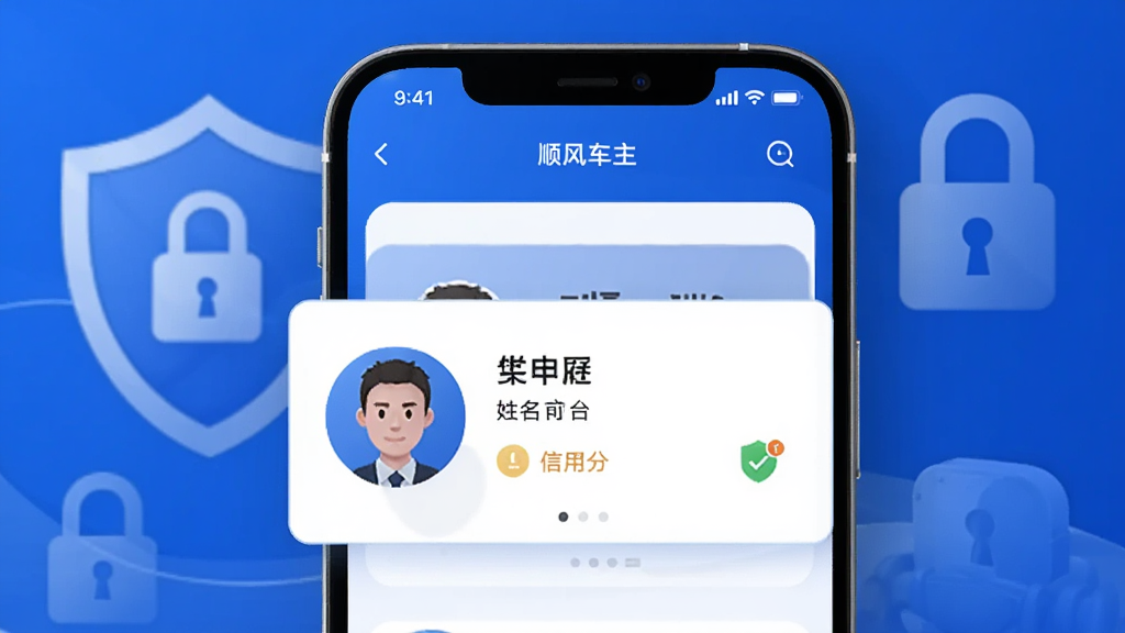 展示顺风车主行程的安全校验界面,手机上显示乘客信息卡片,包含头像、姓名、信用分和认证标志,背景是盾牌和锁的图标元素,风格安全可靠,色调蓝色,画质干净