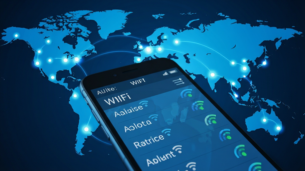 һ�������ͼ���ı����ϣ���˸���ڶ����WiFi�ȵ�Ĺ�㣬ǰ����һ���Ŵ�������ֻ����棬��ʾ�Ÿ�������WiFi�б���ÿ���ȵ����������ź�ǿ��ͼ�꣬����Ƽ���ʮ�㣬��ɫ��Ϊ��������������ϸ�ڷḻ�����ʸɾ����޶������֡�