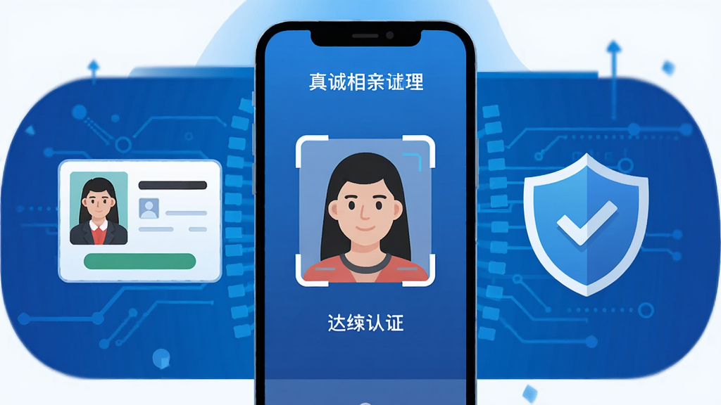 真诚相亲实名认证流程示意图,画面展示手机屏幕上的认证界面,包含身份证照片上传、人脸识别框、安全盾牌图标,背景为蓝色科技感,布局清晰,扁平化插画风格,细节丰富,画质干净,无多余元素