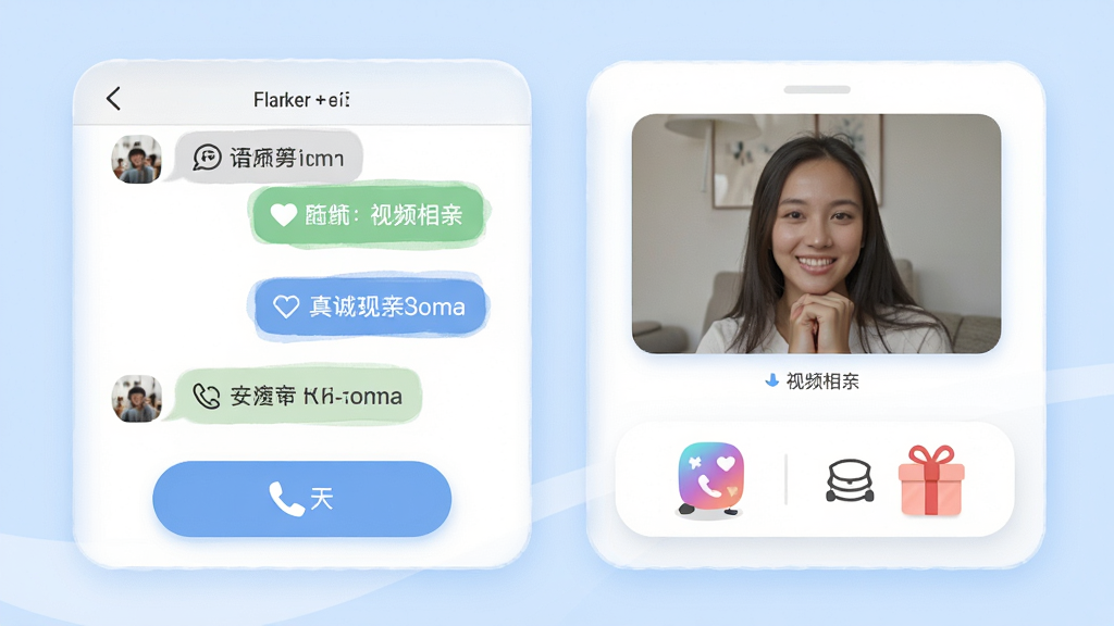 真诚相亲互动功能界面示意图,画面展示聊天窗口、语音通话按钮、视频相亲窗口、礼物图标等元素,背景为浅蓝色,卡片式布局,柔和圆角风格,细节清晰,画质干净,无多余元素