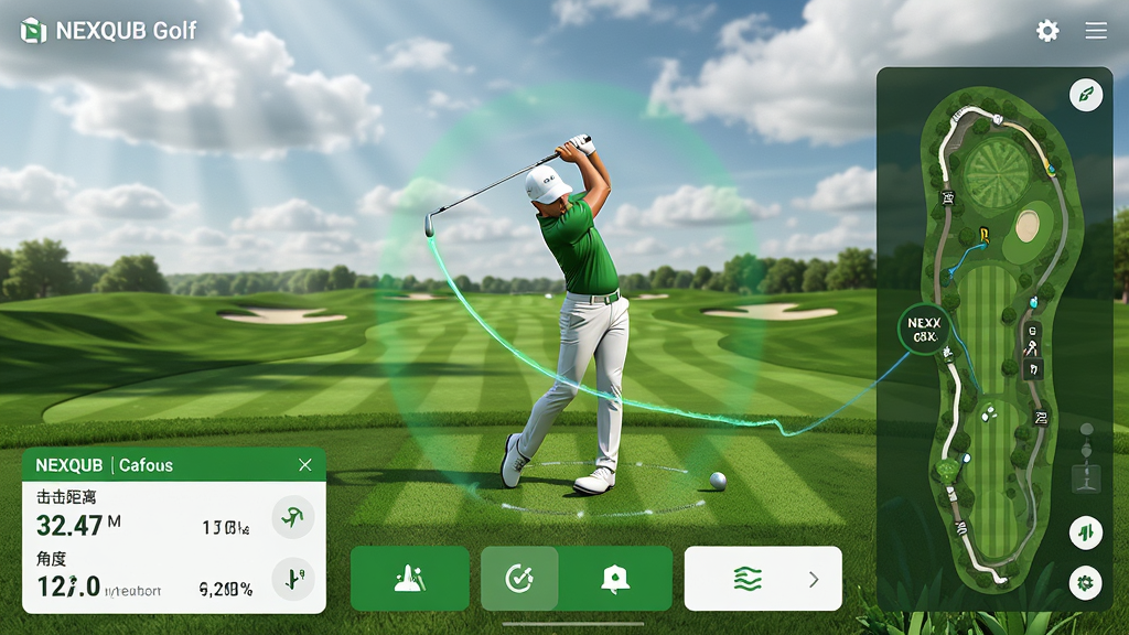 ���壺NEXQUB Golf�������棬չʾ�߶�����3Dȫ����������һ���Ӹ˶�����׽�������������Ӹ˻��򡣲��֣������·��ֲ����ܰ�ť�������ʾʵʱ������壬�Ҳ�Ϊ�򳡵�ͼ���Ű棺�ִ���Լ�����Ϣ��η������ص�ͻ���Ӹ˹켣���ݡ���񣺿Ƽ������˶��н�ϣ�ɫ������������ɫ�Ͱ�ɫΪ��ɫ����ϸ�ڣ����Ͽ����Ʋ��ӰЧ�������ֶ������������������ʾ������롢�Ƕȡ��ٶȵȲ��������ֱ�ע