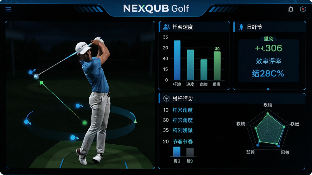 ���壺NEXQUB Golf�������棬չʾ�Ӹ˷����������ά������ͼ�����֡����֣���Ļ���Ϊ�Ӹ˹켣3Dģ�ͣ��Ҳ�Ϊ����������״ͼ���״�ͼ���Ű棺���ݿ��ӻ�������ɫ���������ԣ��ص�ͻ������Ч�����֡���񣺿Ƽ������ɫ�������䣬Ӫ��רҵ������Χ��ϸ�ڣ��켣ģ�����ж�̬��ǵ㣬ͼ����ʾ��ͷ�ٶȡ�����Ƕȡ��Ӹ˽���ȣ�������
