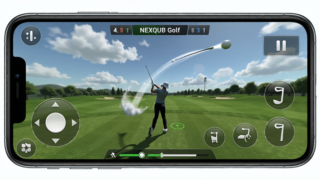 ���壺�ֻ���������NEXQUB Golf�Ļ��棬���Ϊ����ҡ�ˣ��Ҳ�Ϊ�Ӹ˰�ť����Ļ������ʾ����Ԥ�������֣�����ײ�Ϊ״̬��������Ϊ�ȷְ壬�Ҳ�����ͣ�˵����Ű棺������ť͸�������������ڵ���Ұ�����ʵս��ʾ��񣬶�̬��׽����еĹ켣��ϸ�ڣ����Ͽ�Ʈ���ƶ䣬��ԱӰ����������ť����ͼ����ʾ��������