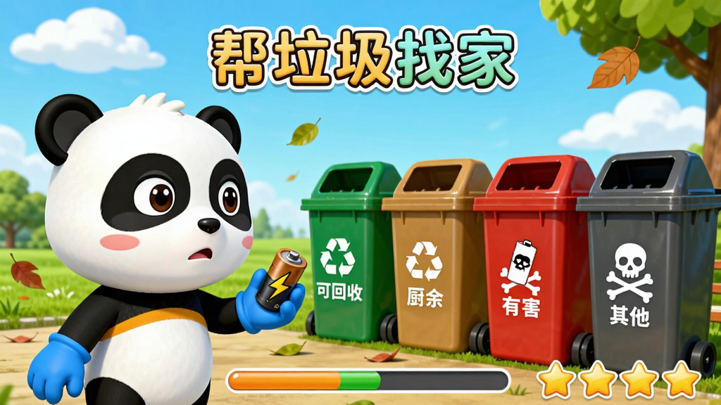 主体:宝宝巴士熊猫奇奇戴着蓝色手套,手持一个废旧电池,正犹豫地看向面前四个颜色不同的垃圾桶。布局:画面采用平视视角,奇奇位于左侧,四个垃圾桶横向排列在右侧,每个垃圾桶上都有清晰的图标和文字标签(“可回收”、“厨余”、“有害”、“其他”)。排版:屏幕上方有“帮垃圾找家”的引导文字,下方有进度条和得分星星,整体布局简洁明了。风格:卡通渲染风格,色彩鲜艳,背景是公园草地和蓝天白云,阳光明媚。细节:电池上画有闪电符号,有害垃圾桶是红色并带有骷髅标志,奇奇的表情认真专注,周围有飘落的树叶。画质:高分辨率,画面通透干净,无多余元素。