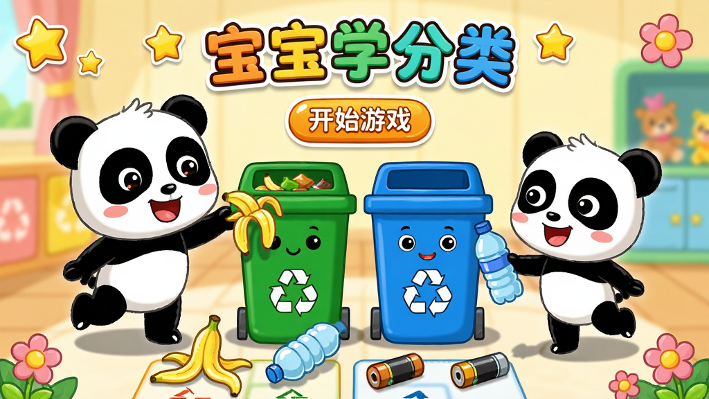 主体:宝宝巴士卡通形象熊猫奇奇和妙妙正在欢快地拖动分类卡片,背景是色彩明亮的儿童房间,地上散落着香蕉皮、塑料瓶、废旧电池等物品。布局:画面中央设置四个彩色分类垃圾桶(可回收、厨余、有害、其他),奇奇将香蕉皮投入绿色厨余桶,妙妙拿着塑料瓶看向蓝色可回收桶,构图饱满,主体突出。排版:卡片式UI风格,顶部有“宝宝学分类”大标题,下方有“开始游戏”按钮,四周点缀星星和花朵装饰。风格:明亮卡通手绘风,色彩饱和度高,线条圆润,符合幼儿审美。细节:每个垃圾桶有可爱表情和分类图标,垃圾物品带有高光边缘,地面有淡淡阴影,整个画面干净整洁。画质:4K超清,渲染细腻,无多余元素。