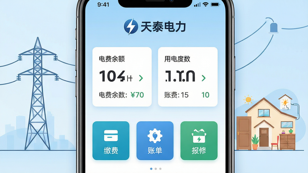 画面主体为一部智能手机屏幕显示天泰电力APP主界面,界面顶部有“天泰电力”品牌字样和电力图标,中间展示电费余额、用电度数等数据卡片,下方排列缴费、账单、报修等方形功能按钮;背景为浅蓝色渐变,搭配简洁的电力线路与家庭用电场景插画;布局清晰,排版规整,风格现代简约,细节丰富,画质高清干净,无多余元素