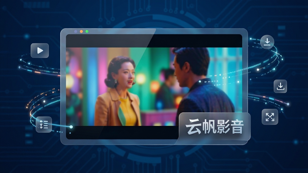 主体为一块悬浮在深蓝色科技感背景中的超大虚拟屏幕,屏幕中正播放着色彩绚丽的电影画面,画面右下角有半透明的“云帆影音”四个白色艺术字logo。屏幕周围环绕着代表网络数据的流光线条和微小的播放、下载、清晰度切换等图标元素。整体布局中心对称,采用扁平化设计风格,结合玻璃拟态质感,细节丰富,画质清晰干净,无多余元素。