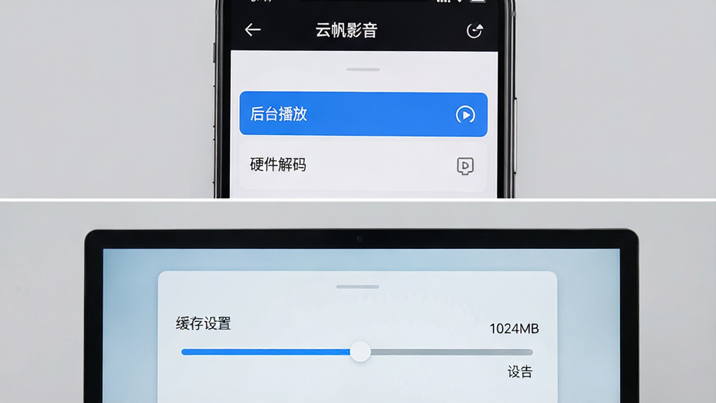 画面分为上下两部,上部是手机屏幕截图,显示“云帆影音”播放设置菜单,高亮显示“后台播放”和“硬件解码”选项;下部是电脑显示器,显示“缓存设置”滑块调整到1024MB。整体为分屏对比构图,背景为纯色浅灰,风格写实科技,画质干净,无多余元素。