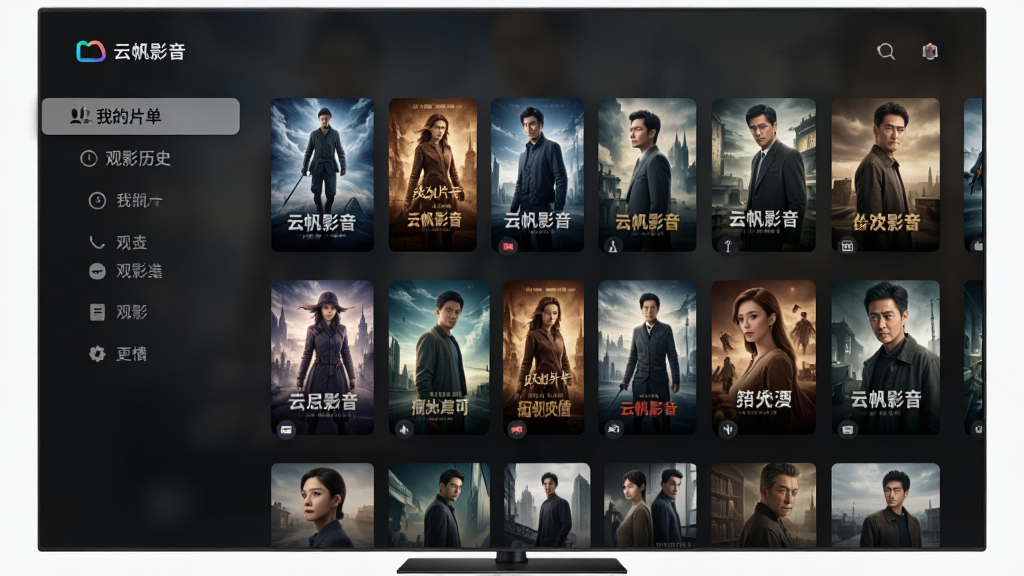 主体是一个虚拟的“云帆影音”智能电视端界面截图,背景采用深色毛玻璃效果。界面上以整齐的网格形式展示着一部部带有精美海报的电影和电视剧封面,左侧栏有“我的片单”、“观影历史”等分类标签。整体排版规整,设计风格简洁商务,色彩对比舒适,画质极高。