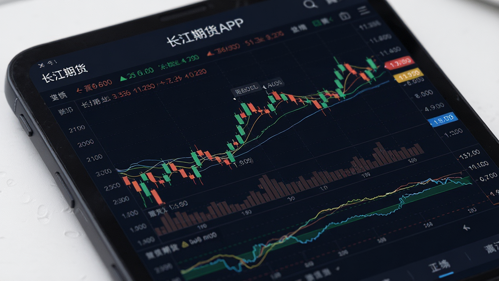 长江期货APP行情页面特写,展示多种K线图与技术指标,界面深色主题,数据滚动更新,图表清晰,金融科技风格,画质细腻,干净整洁