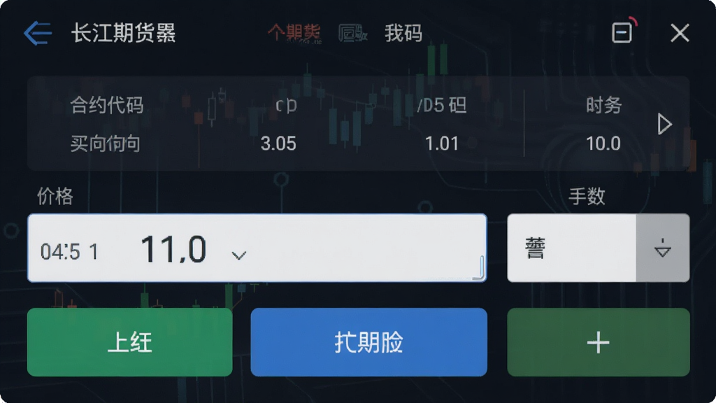 长江期货APP交易下单界面,显示合约代码、买卖方向、价格输入框与手数选择,界面简洁清晰,按钮醒目,深色背景,金融科技风格,画质干净无多余元素