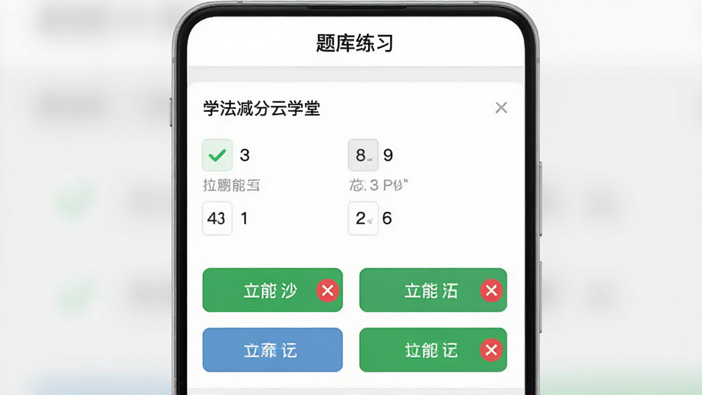 չʾѧ��������ѧ��Ӧ���������ϰ���棬�Ϸ���ʾ�������ϰ�����⣬�м�Ϊһ��ѡ���⣬�·����ĸ�ѡ�ť������Ϊǳ��ɫ��������ɫ�Թ����ɫ���ͼ�꣬�������࣬�Ű�����������ˬ��ϸ�ڷḻ�������������ɾ�������Ԫ�ء�