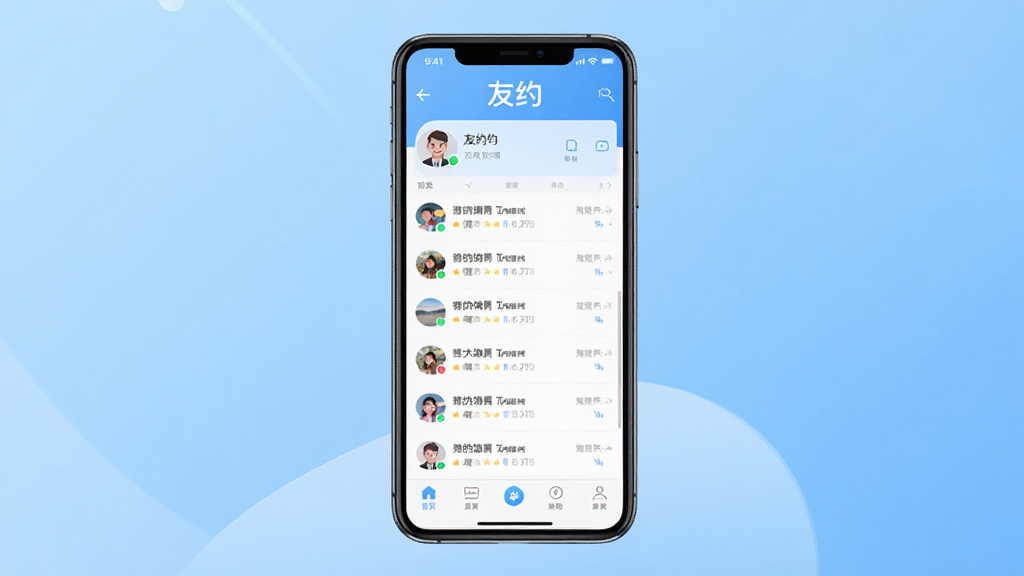图片展示友约软件的主界面,采用现代扁平化设计风格,手机屏幕居中,背景为柔和的渐变蓝色,界面包含个人头像、聊天列表和底部导航栏,文字“友约”清晰显示在顶部,整体布局简洁明亮,画质高清,干净无多余元素。