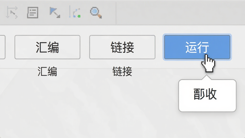 主体:软件操作界面,显示“汇编”、“链接”、“运行”三个按钮;布局:按钮水平排列在工具栏;排版:简洁直观,每个按钮下方有文字说明;风格:扁平化设计,淡灰色背景;细节:鼠标悬停在“运行”按钮上,旁边弹出提示框;画质:高清,干净,无多余元素