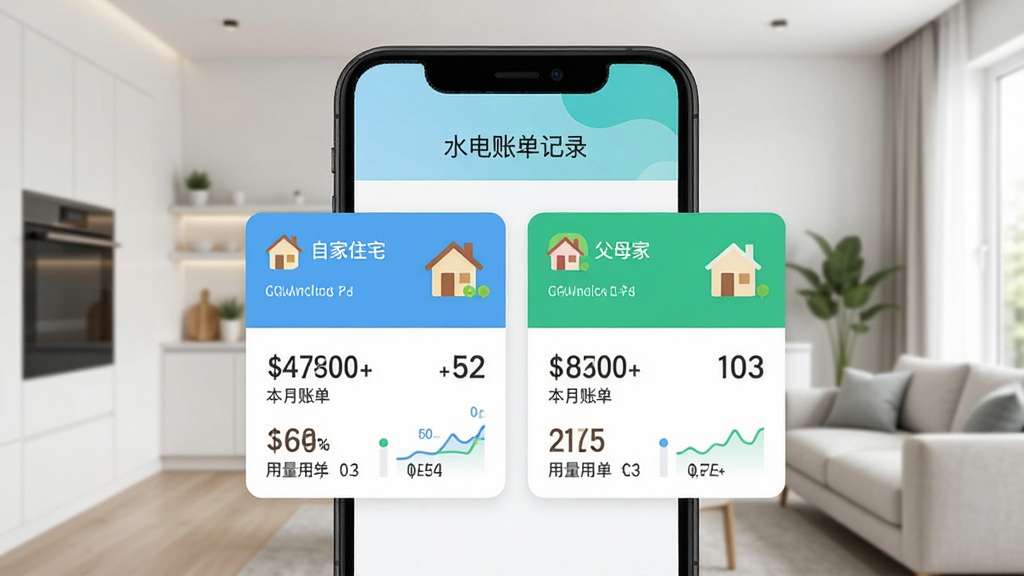 展示“水电账单记录”软件在手机上的多账户管理界面,屏幕中显示两个不同的账户卡片,分别标记为“自家住宅”和“父母家”,每个卡片下方有本月账单金额和用量统计,背景为简洁的现代家居环境,采用扁平化设计风格,色彩明快,布局清晰,突出软件的多账户管理功能,画质干净,无多余元素。