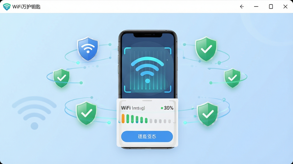 一张展示WiFi万护钥匙软件主界面的高清截图,界面风格简洁现代,背景为淡蓝色渐变,中央显示手机WiFi信号扫描动画,周围环绕安全盾牌和绿色对勾图标,布局清晰,排版规整,风格科技感十足,细节包含信号强度条和连接按钮,画质清晰明亮,干净无多余元素