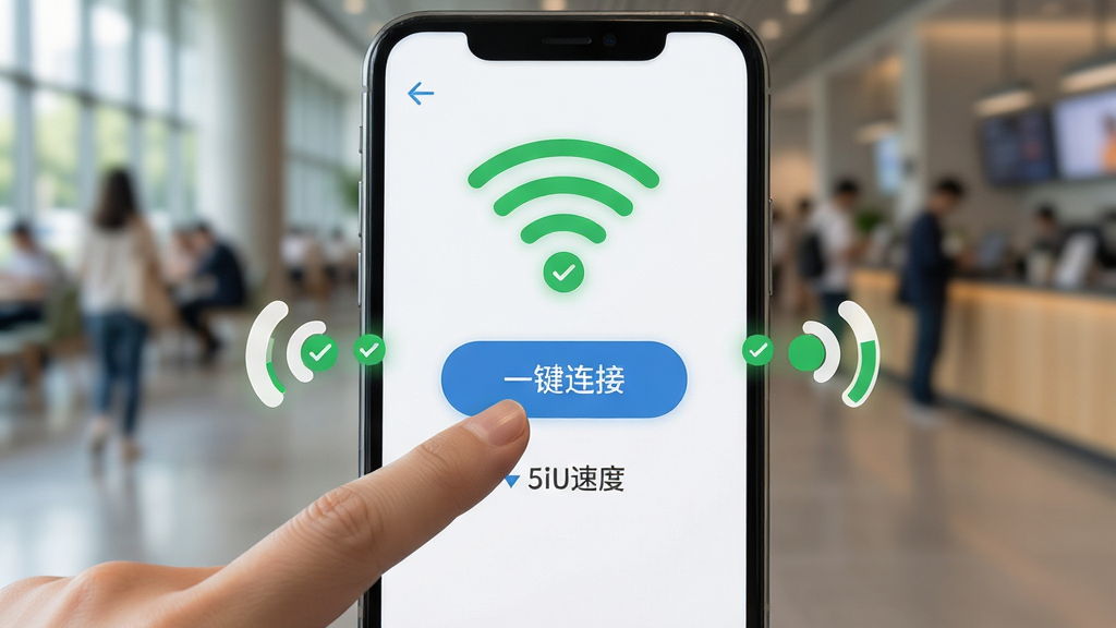 WiFi万护钥匙一键连接功能操作界面图,画面展示手指点击手机屏幕上的“一键连接”按钮,周边WiFi信号图标瞬间变为已连接状态,背景为模糊的公共场景,主体突出操作动作,布局简洁,排版明了,风格清新自然,细节包含信号满格和速度指示,画质高清,干净无多余元素