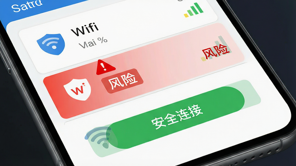一张WiFi万护钥匙软件安全检测功能预览图,界面展示多个WiFi信号列表,其中一个信号被红色标记并显示“风险”警告字样,下方有绿色“安全连接”按钮,主体为手机屏幕特写,布局直观,排版清晰,风格写实科技,细节包含盾牌图标和信号强度标识,画质精细,干净无多余元素