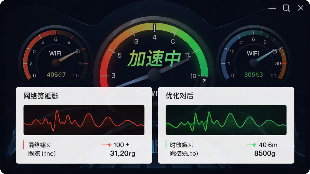 WiFi万护钥匙网络优化加速功能的界面预览,屏幕上显示网络延迟数据从红色变绿色,并有“加速中”动态标识,背景为网速仪表盘,主体为优化前后对比图,布局清晰,排版直观,风格动感科技,细节包含信号波形和速度数值,画质细腻,干净无多余元素