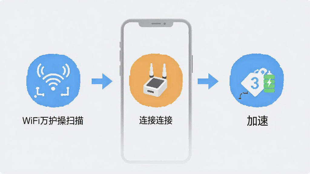 WiFi万护钥匙使用教程示意图,画面展示手机操作步骤,包含扫描、连接、加速三个步骤图标,背景为淡灰色,主体为步骤流程,布局纵向排列,排版简洁,风格扁平化,细节包含箭头指向和文字说明,画质干净,无多余元素
