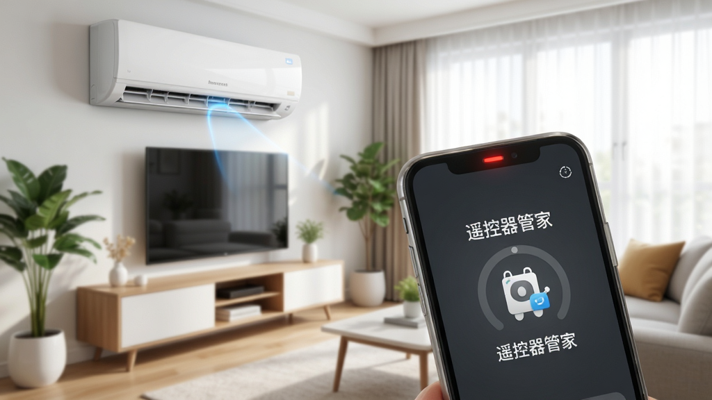 手机顶部红外发射器对准空调室内机,屏幕上显示“遥控器管家”配对成功界面,画面明亮清晰,背景为客厅环境,布局干净,细节丰富,画质高清