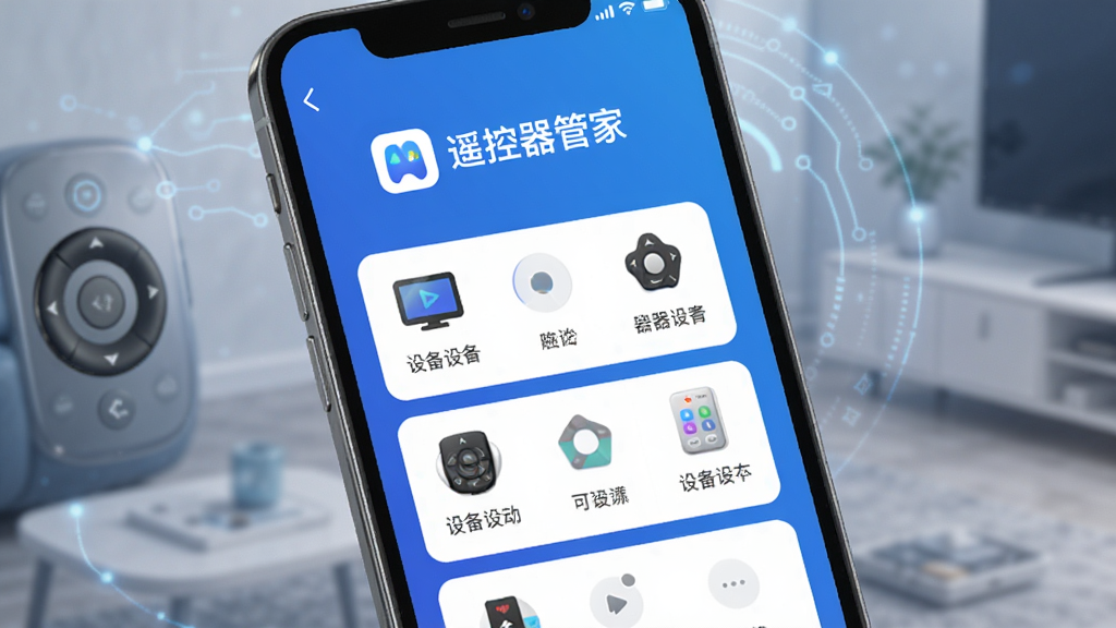图片展示遥控器管家APP在手机上运行的主界面,中央是设备列表卡片,上方为品牌Logo与“遥控器管家”字样,背景为渐蓝色科技风格,界面布局简洁现代,图标清晰,画质高清,干净无多余元素