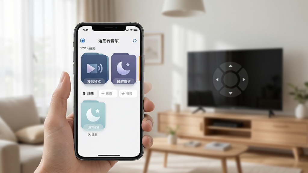 手机展示“遥控器管家”APP中的场景编辑页面,包含“观影模式”“睡眠模式”卡片,背景为家居环境,界面采用卡片式布局,色调柔和,风格简约现代,画质清晰,干净整洁