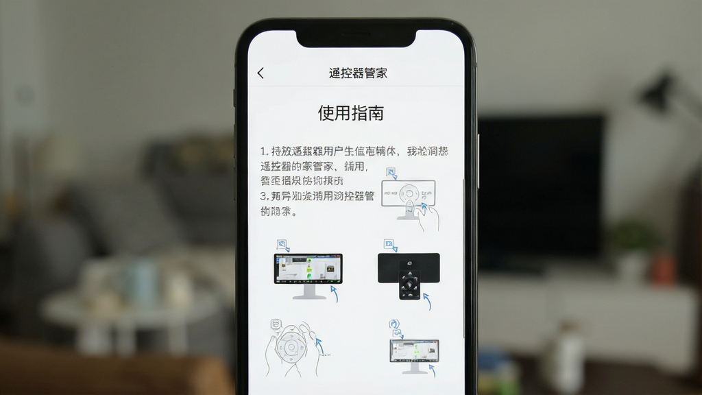 手机遥控器管家APP显示“使用指南”页面,包含文字步骤与图示,背景为白色,风格简洁,画质清晰,干净无多余元素