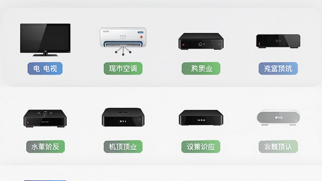遥控器管家APP设备管理列表,显示电视、空调、机顶盒等设备图标与状态标签,界面采用列表布局,背景为浅灰色,风格简约商务,细节清晰,画质高,无多余元素