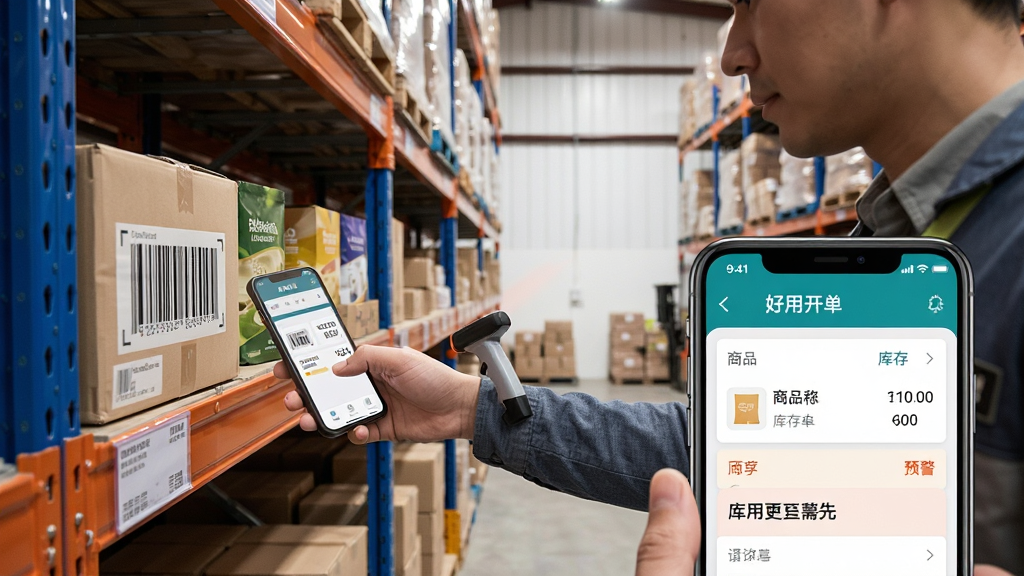 主体:一个仓库货架的全景图,货架上整齐摆放着各类商品,一位店主手持手机扫描商品条码。布局:货架占画面背景,手机屏幕在右下角放大显示库存数据。排版:画面层次分明,前景是店主操作手机的动作。风格:写实摄影风格,色彩自然。细节:手机屏幕上显示“好用开单”的库存管理界面,有商品名称、库存数量和预警提示。画质:高清,干净,无多余元素。