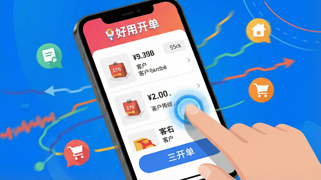 主体:一张动感十足的操作演示图,展示手指在手机屏幕上快速点选商品并生成订单的过程。布局:手机屏幕特写占画面主体,周围有动态的线条和图标表示操作流程。排版:屏幕上的商品列表和开单按钮清晰可见,手指点击位置有蓝色光效。风格:现代扁平化风格,色彩鲜明。细节:屏幕顶部有“好用开单”的logo,订单金额和客户信息一目了然。画质:高清,干净,无多余元素。