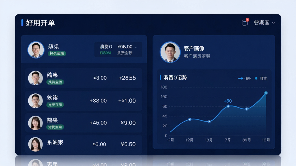 主体:一个客户关系管理的界面展示,左侧是客户列表,右侧是客户画像和消费记录图表。布局:界面以深蓝色为基调,卡片式设计,整体呈左右对称。排版:客户头像、姓名、消费金额等元素排列整齐,图表区域用折线图表示消费趋势。风格:科技感十足,数据可视化。细节:界面左上角有“好用开单”字样,客户标签清晰可见。画质:高清,干净,无多余元素。