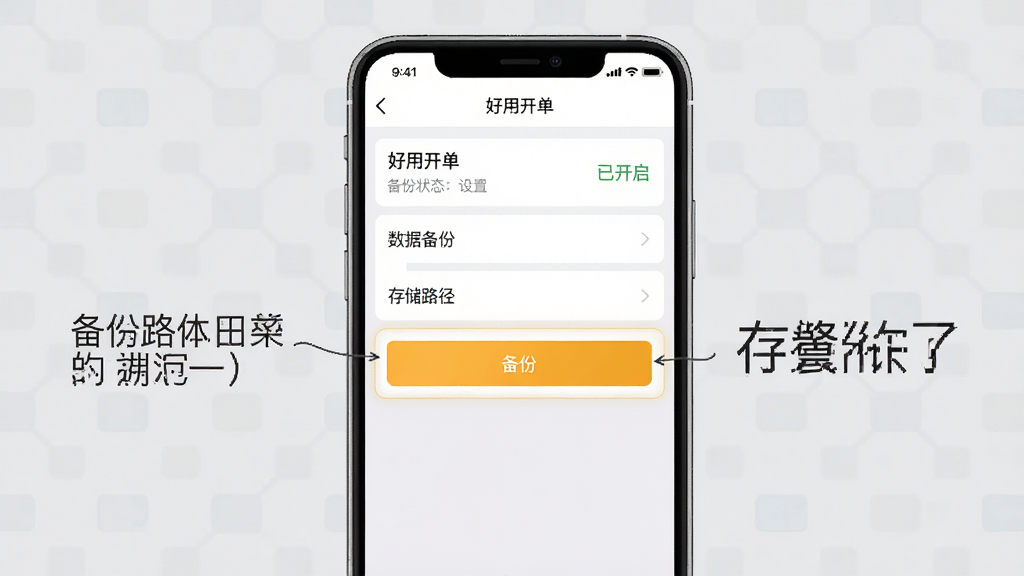 主体:一张手机截屏示意图,屏幕显示“好用开单”的设置页面,其中有“数据备份”和“存储路径”选项。布局:手机屏幕居中,背景为浅灰色,周围有文字说明。排版:设置列表清晰,备份按钮高亮显示。风格:简洁实用风格。细节:屏幕上有“好用开单”字样,备份状态显示“已开启”。画质:高清,干净,无多余元素。