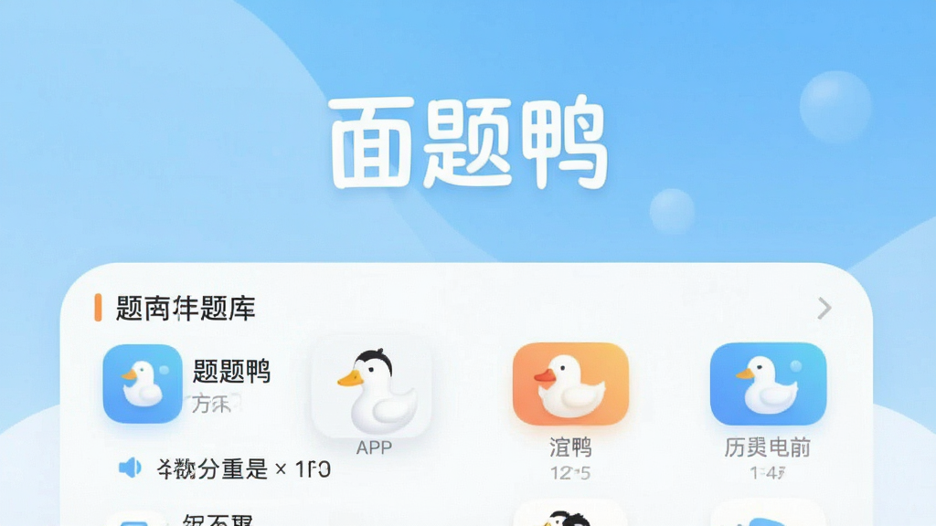 一张展示面题鸭APP主界面的高清截图,界面中央显示“面题鸭”字样,下方是分类题库列表,背景为浅蓝色渐变,整体风格简洁现代,UI图标圆润,画质清晰,干净无多余元素