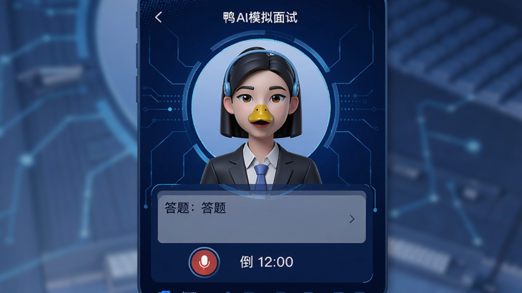 面题鸭APP的AI模拟面试界面,虚拟面试官头像位于屏幕中央,下方为答题区域,有录音按钮和倒计时,界面以深蓝色为主色调,科技感强,画质细腻,干净无多余元素