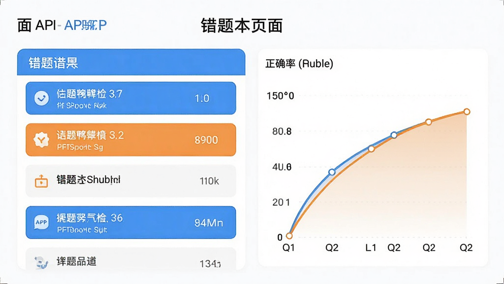 面题鸭APP错题本页面,显示错题列表和正确率曲线图,背景为白色,图表使用蓝色和橙色,简洁清晰,画质高,干净无多余元素