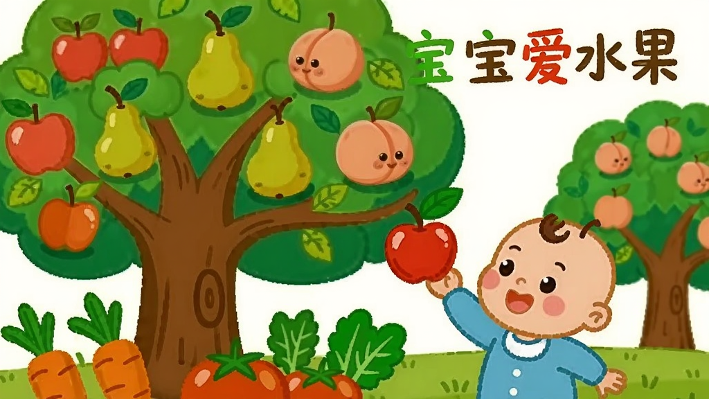 一个色彩缤纷的果园背景,画面中有一棵挂满苹果、梨子、桃子的果树,树下有胡萝卜、西红柿等蔬菜,一位卡通小宝宝正伸手摘取一个红苹果,画面充满童趣,卡通手绘风格,布局清晰,细节丰富,画质高清干净,无多余元素,带有文字“宝宝爱水果”