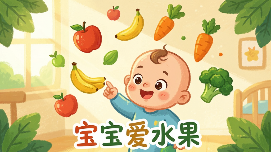 一幅温馨的儿童房场景,画面中央一位可爱的卡通宝宝正开心地触摸悬浮在空中的水果和蔬菜,苹果、香蕉、胡萝卜、西兰花等色彩鲜艳,周围有柔和的阳光和绿叶装饰,整体风格卡通手绘,明亮活泼,细节丰富,画质清晰干净,无多余元素,画面下方有文字“宝宝爱水果”