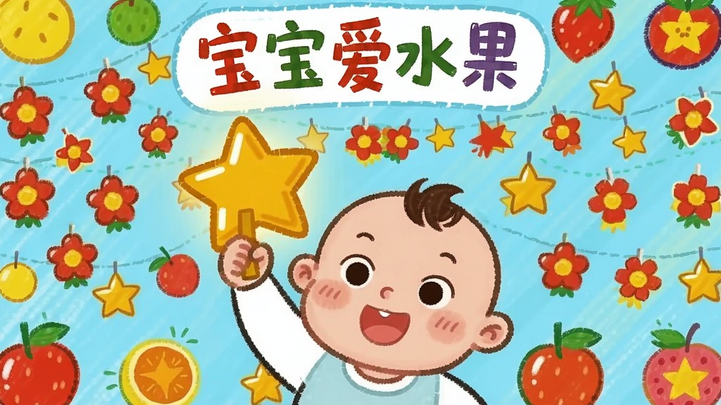 画面中一位卡通宝宝开心地举着一颗金色星星,背景是五彩缤纷的奖励墙,墙上挂满了小红花和星星,还有各种水果图案装饰,卡通手绘风格,色彩明快,细节丰富,画质清晰干净,无多余元素,带有文字“宝宝爱水果”